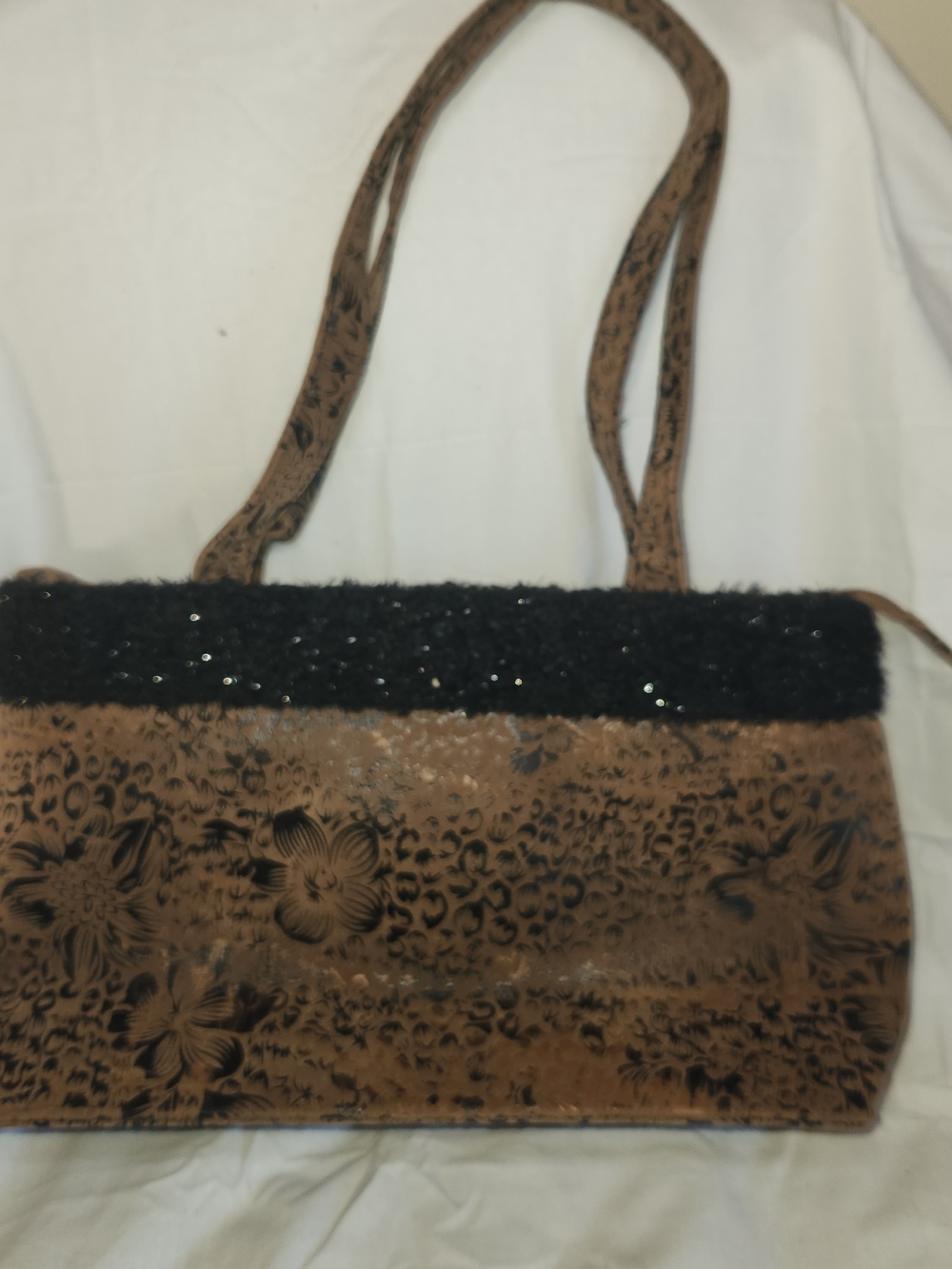 Brown Floral Shoulder Bag with Black Trim